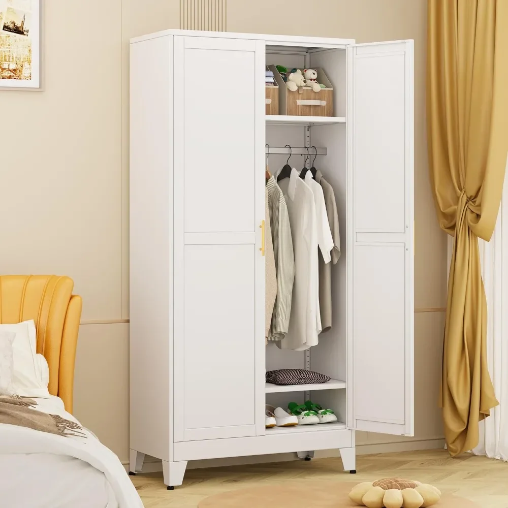 

Wardrobe Closet with 2 Doors, 71" Tall Metal Clothing Storage Cabine with Hanging Rod, Bedroom Armoires with Adjustable Shelves