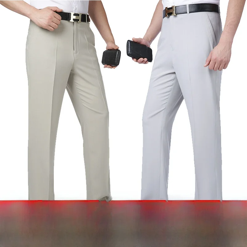 

Шелковые повседневные брюки прямого кроя для мужчин среднего возраста, летние тонкие деловые повседневные длинные брюки, не требующие глажки, свободного кроя, костюмные брюки