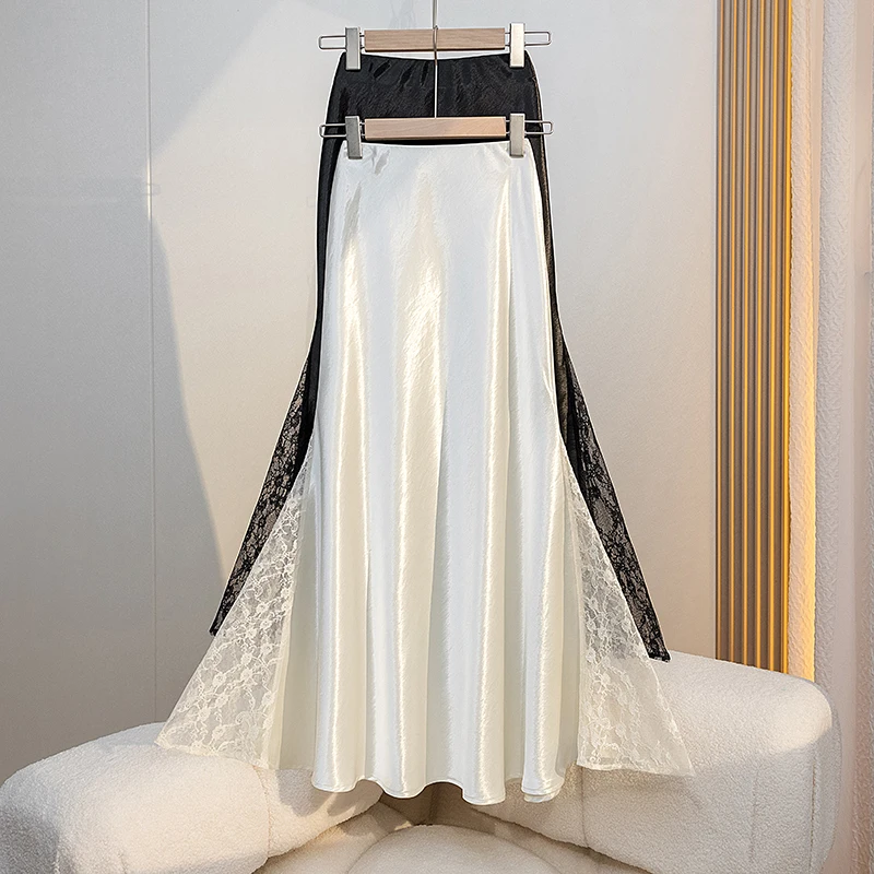 

Womens High Waist Satin Long Skirts Japan Style Spring Summer Patchwork Lace a Line Black Skirt Elegant Casual Maxi Skirt