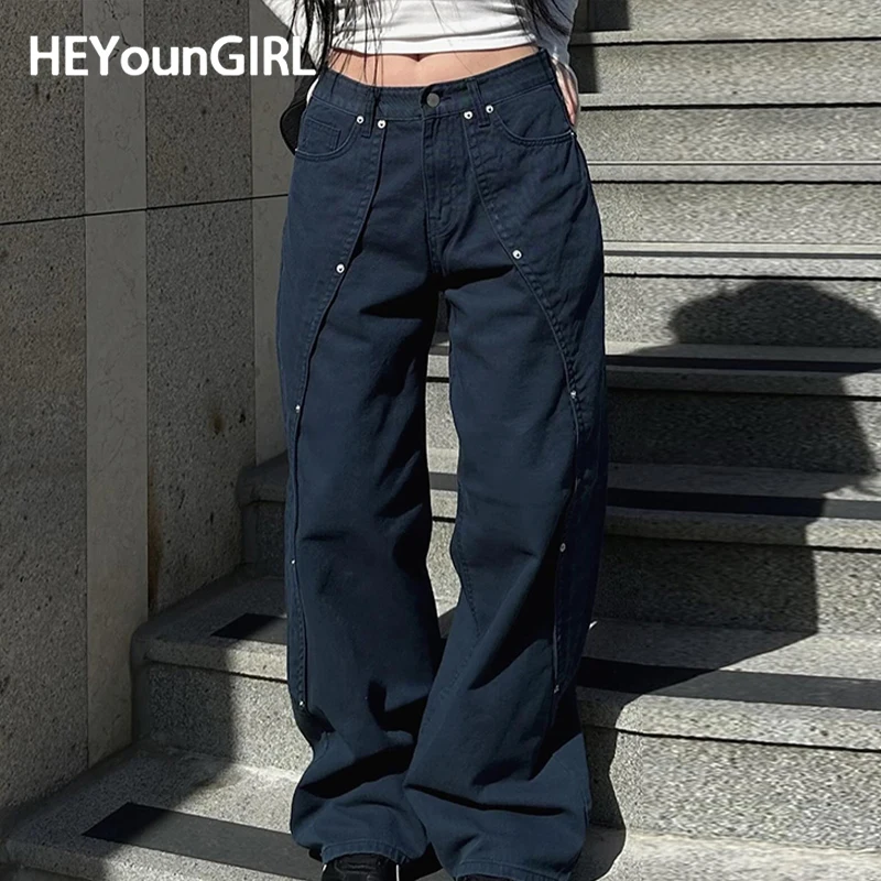 

HEYounGIRL Korean Women Patchwork Baggy Jeans High Street Y2K Casual Grunge Cargo Pants Fashion Chic Rivet Detail Sweatpants 90s