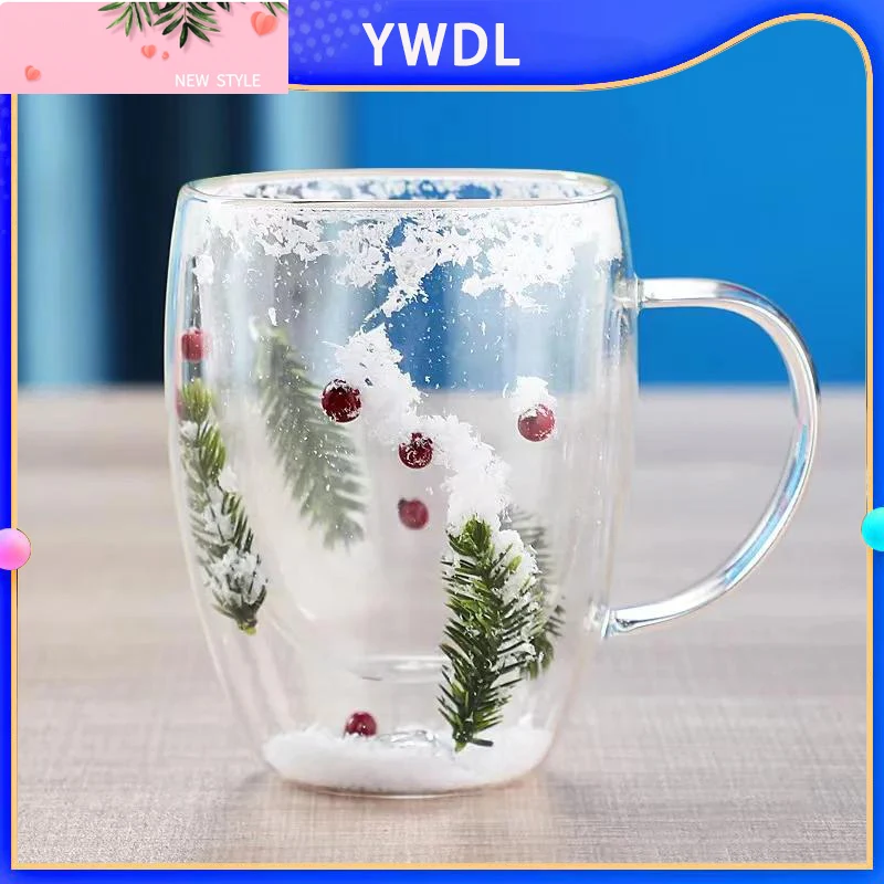 

YWDL 350ml Christmas Gift Double Wall Glass Cup With Handle Heat Resistant Tea Coffee Cups Espresso Milk Mug