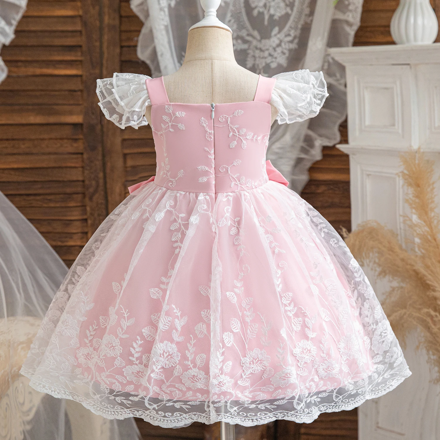 Baby Girls Lace Dresses Backless Wedding Evening Ball Gowns Embroidery Elegant Ceremony Costumes Birthday Party Princess Dress