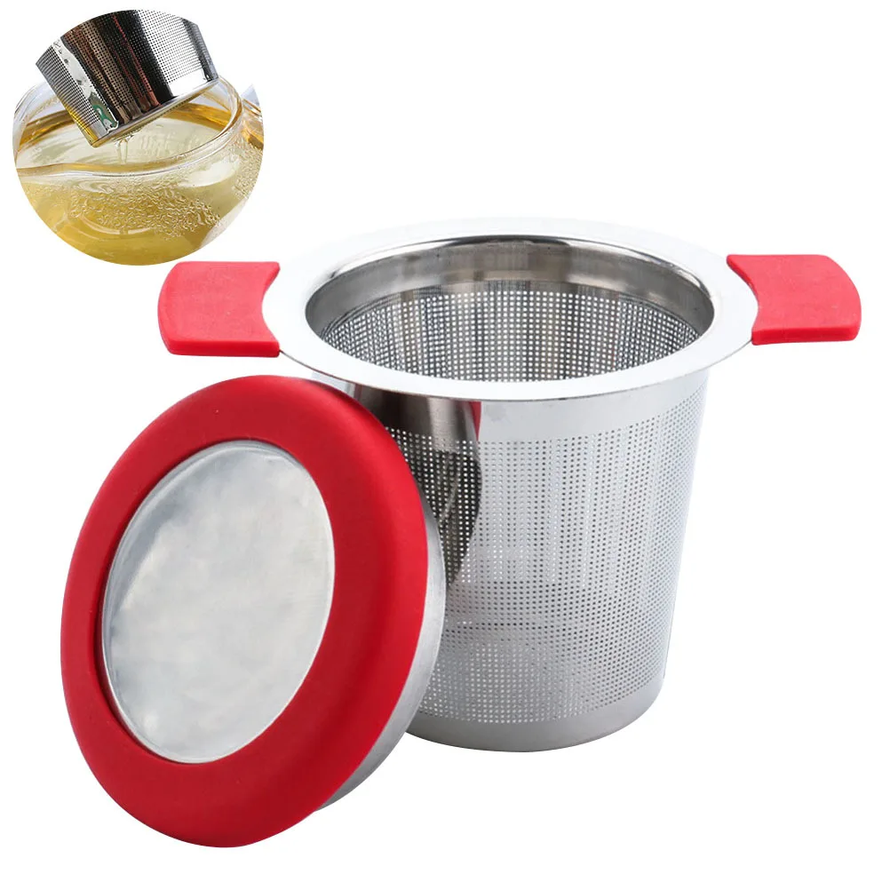 

Red Tea Infuser with Lid Stainless Steel Heat Proof Silicone Handles Fine Mesh Easy to Use and Wash Tea Infuser