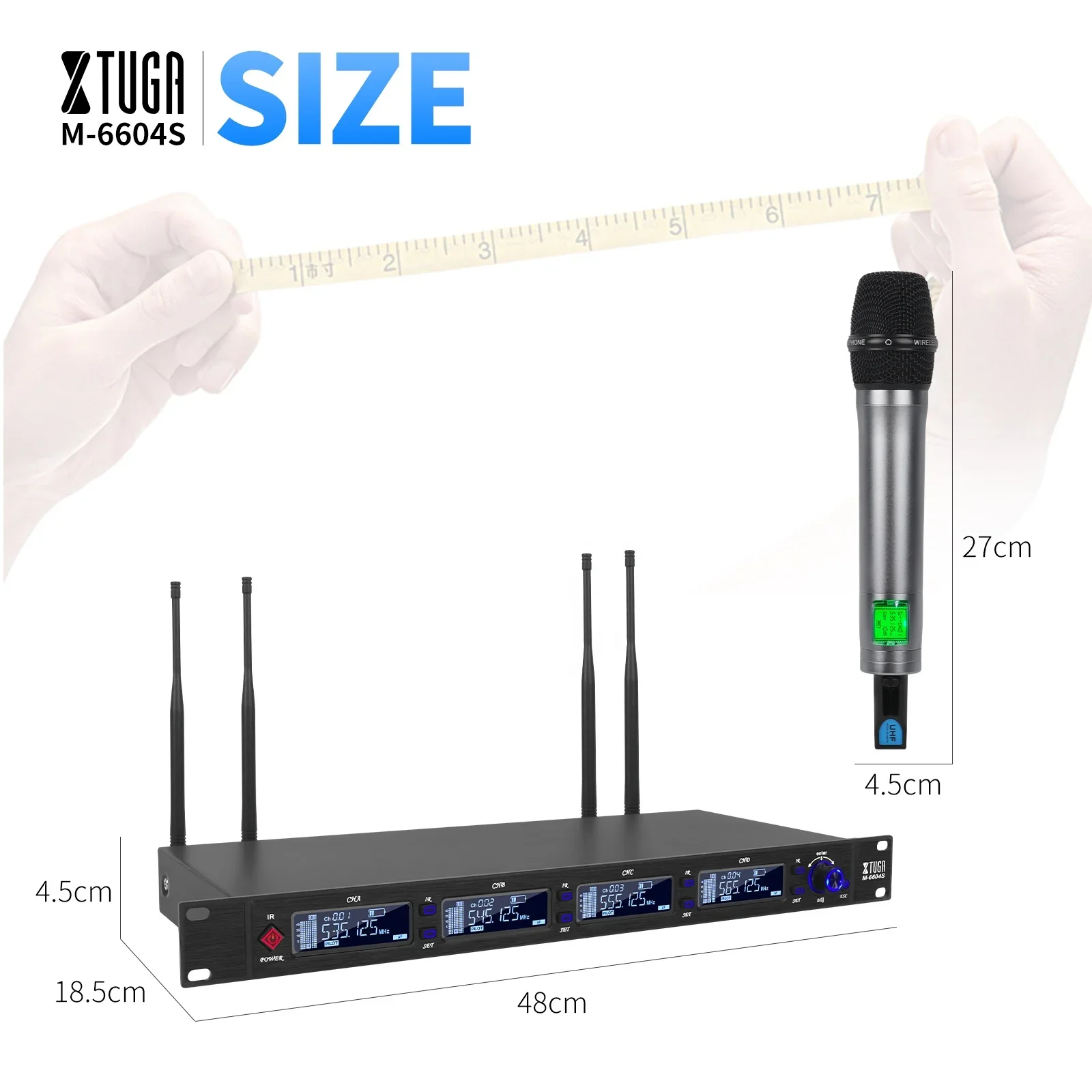 ระบบไมโครโฟนไร้สาย Xtuga M-6604S แบบ Dual Mode UHF True Diversity พร้อมไมโครโฟนแบบมือถือ 4 ตัว เสาอากาศแบบ Diversity