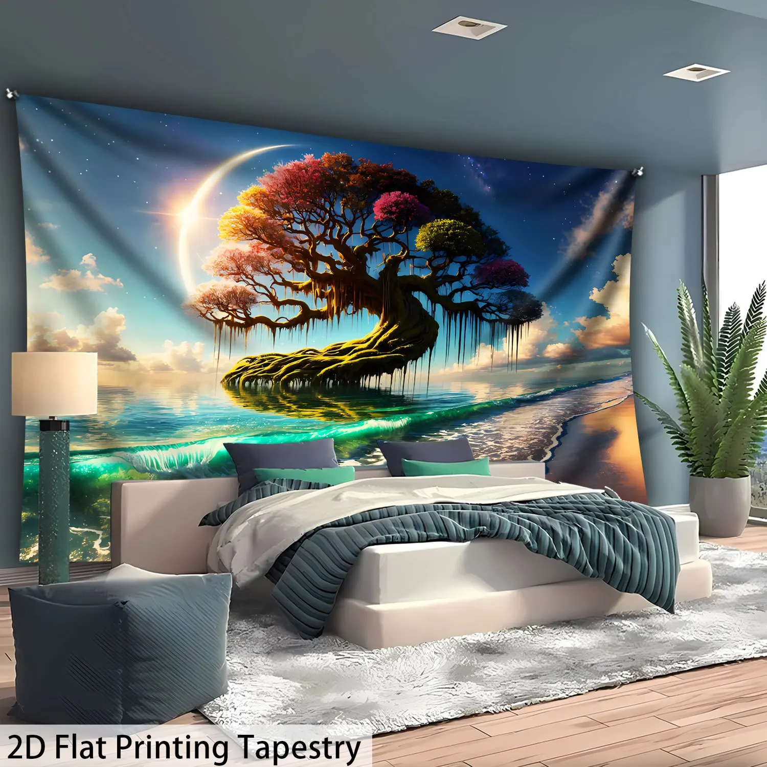 Pink Flamingo Tapestry Wall Hanging, Tropical Banana Leaves and Parrot Print, Boho Jungle Decor for Bathroom Living Room
