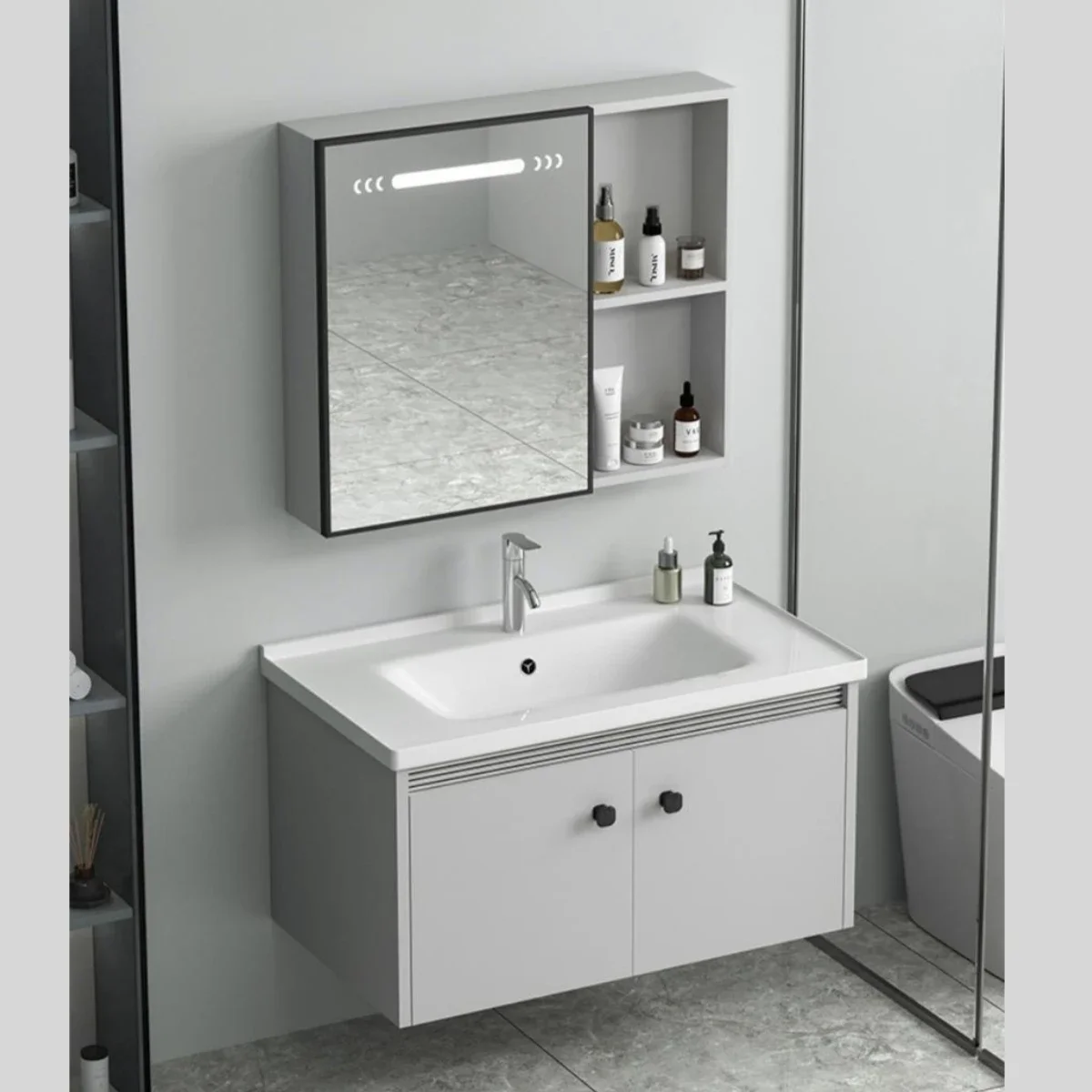 

Hot Sales Modern Style Light Gray Bathroom Vanity Wall Mounted Aluminum Cabinet With Sink New Style Ceramic Basin For Hotel Use