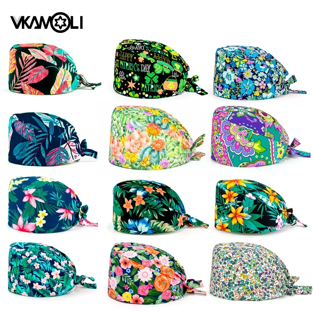 Gorro con estampado de flores para mujer, gorro absorbente de sudor, ajustable, para enfermeras, trabajadores de servicios de salud, laboratorio