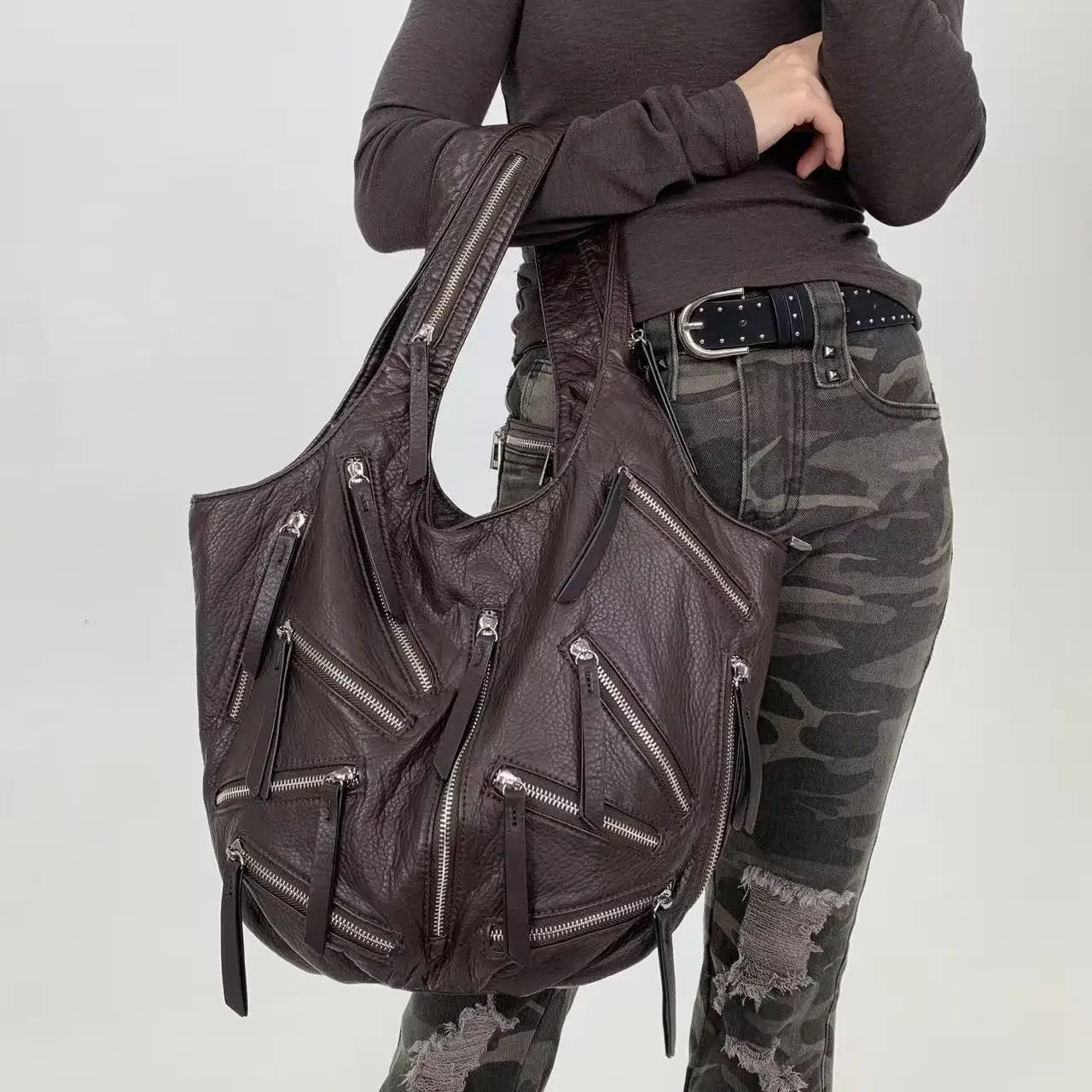 Y2K Retro Street Style Personalized Multi Pocket Shoulder Bag, Large Capacity Vintage Handbag ショルダーウォレット