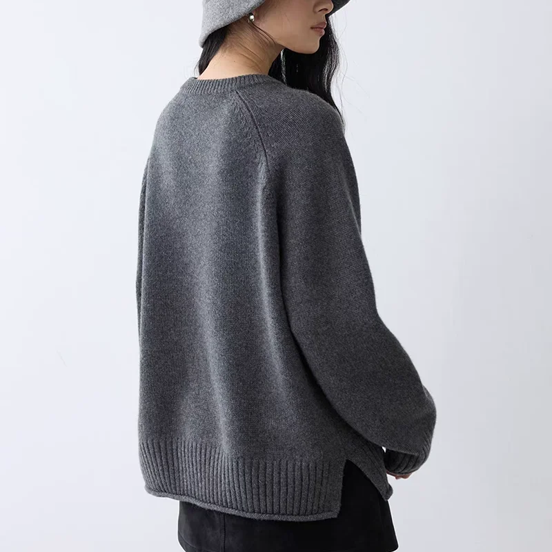 Thickened European goods 100% pure wool sweater women's round-neck rolled-edged loose sweater knitwear