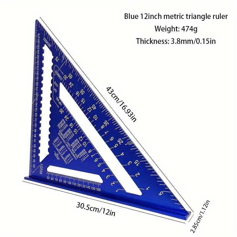 12-Inch Metric Aluminum Alloy Triangle Ruler, High Precision Framing and Woodworking Square, Dual Scale Angle Measurement Tool f