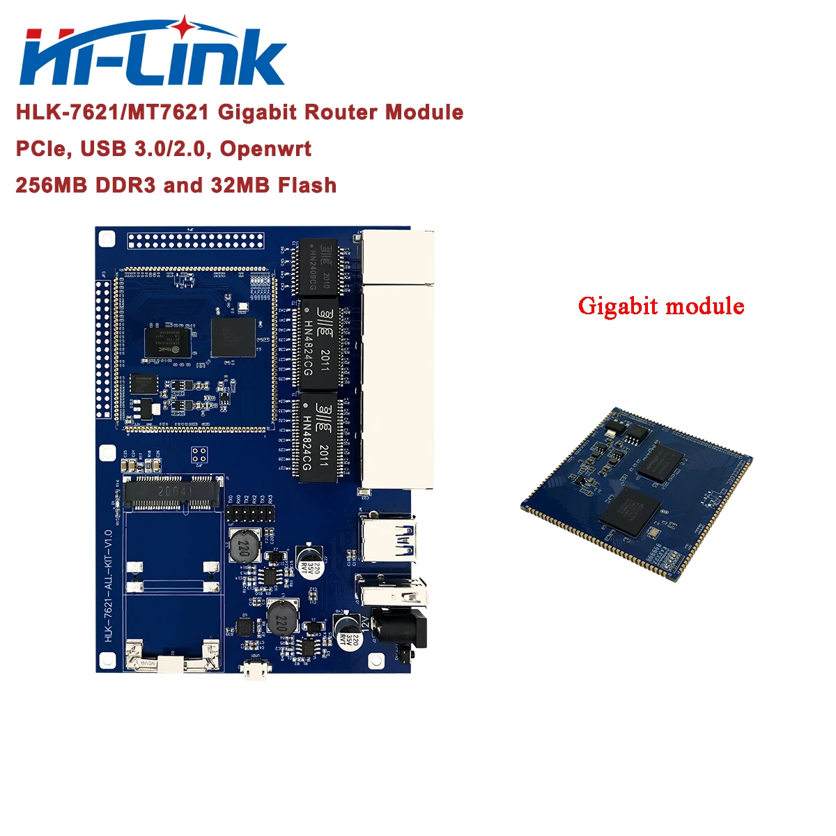 HiLink Original MT7621A Openwrt GbE Gigabit Router Module Kit/Development Board HLK-7621 with USB3.0/2.0 PCIe for Smart Robot