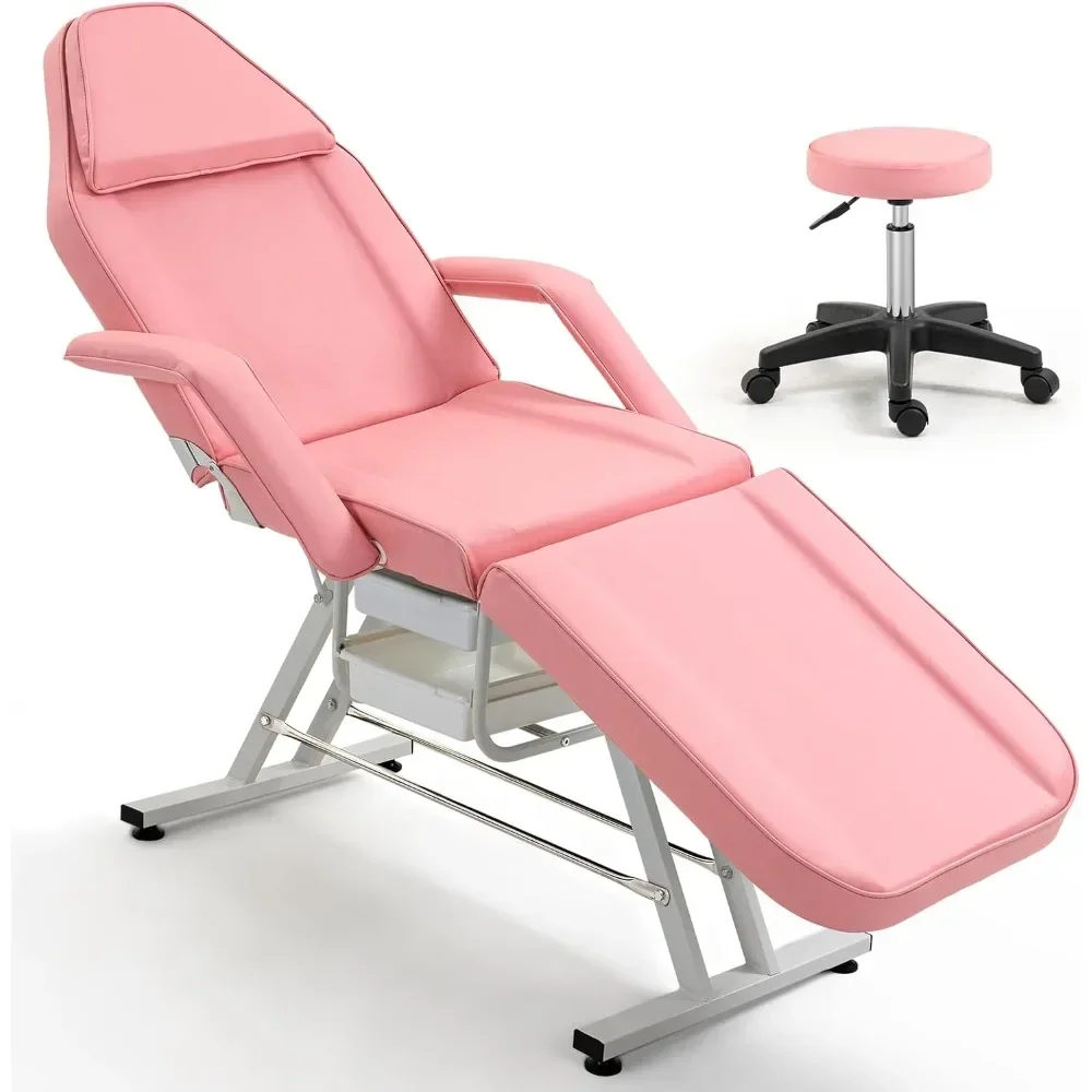 

Professional Folding Massage Table Spa Salon Bed Chair with Hydraulic Stool, Tattoo Chair, Adjustable Facial Chair Bed, Pink