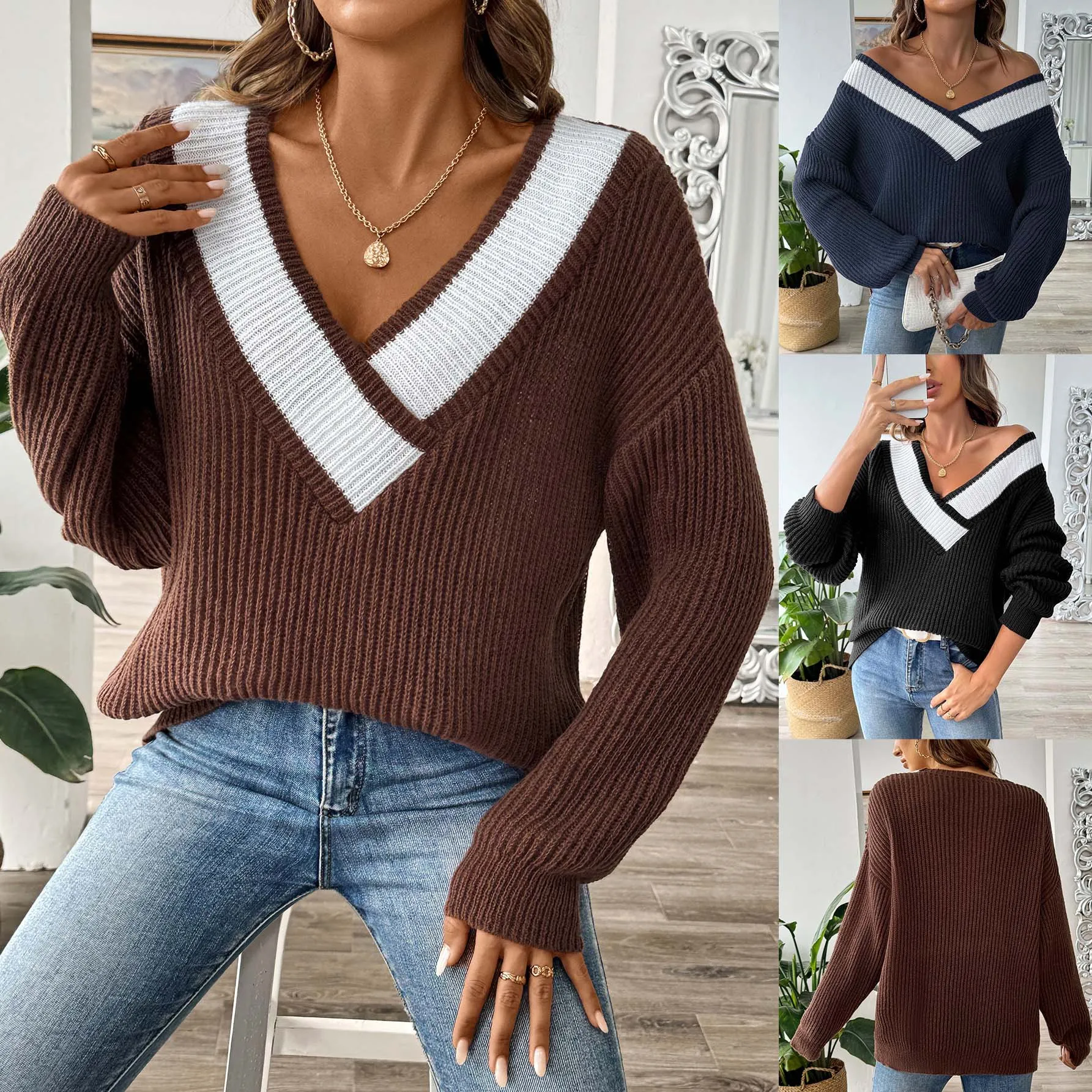 

Women Sweater Pullover Knitting Top Patchwork V Neck Thick Jumper Office Lady Autumn Winter 2025 Knitwear Casual Knitted Tops