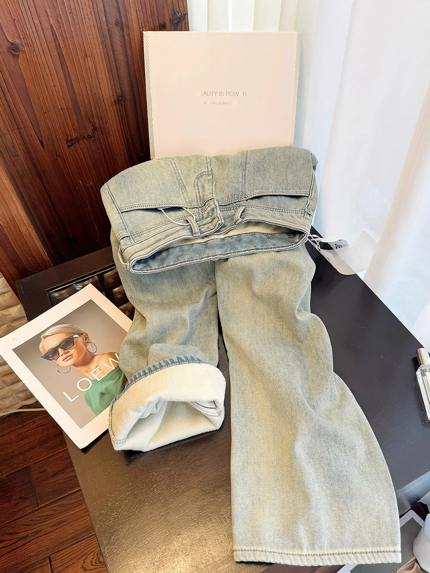 

Slimming High Waist Straight Leg Fleece Lined Loose Fit Blue Jeans Women's Autumn Winter New Style Warm Denim Pants