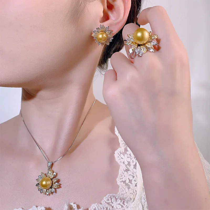 

Charm Elegant Sunflower Golden Pearl Jewelry Adjustable Ring Earrings Necklace Sparkling Macrame Glamorous Women's Accessories