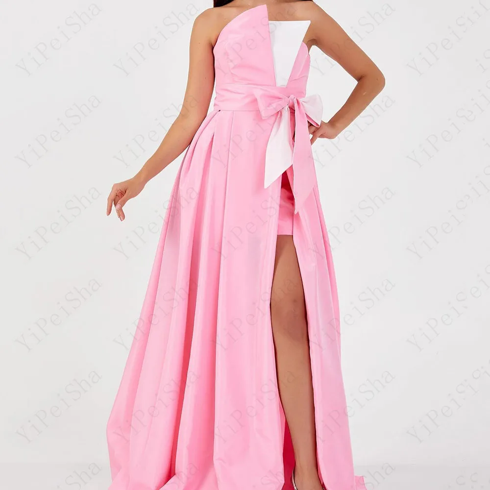 

Customized A-Line Prom Dresses Floor-Length Strapless Sleeveless Evening Gown Fashion Side Split Bow Simple Draped Party Gown
