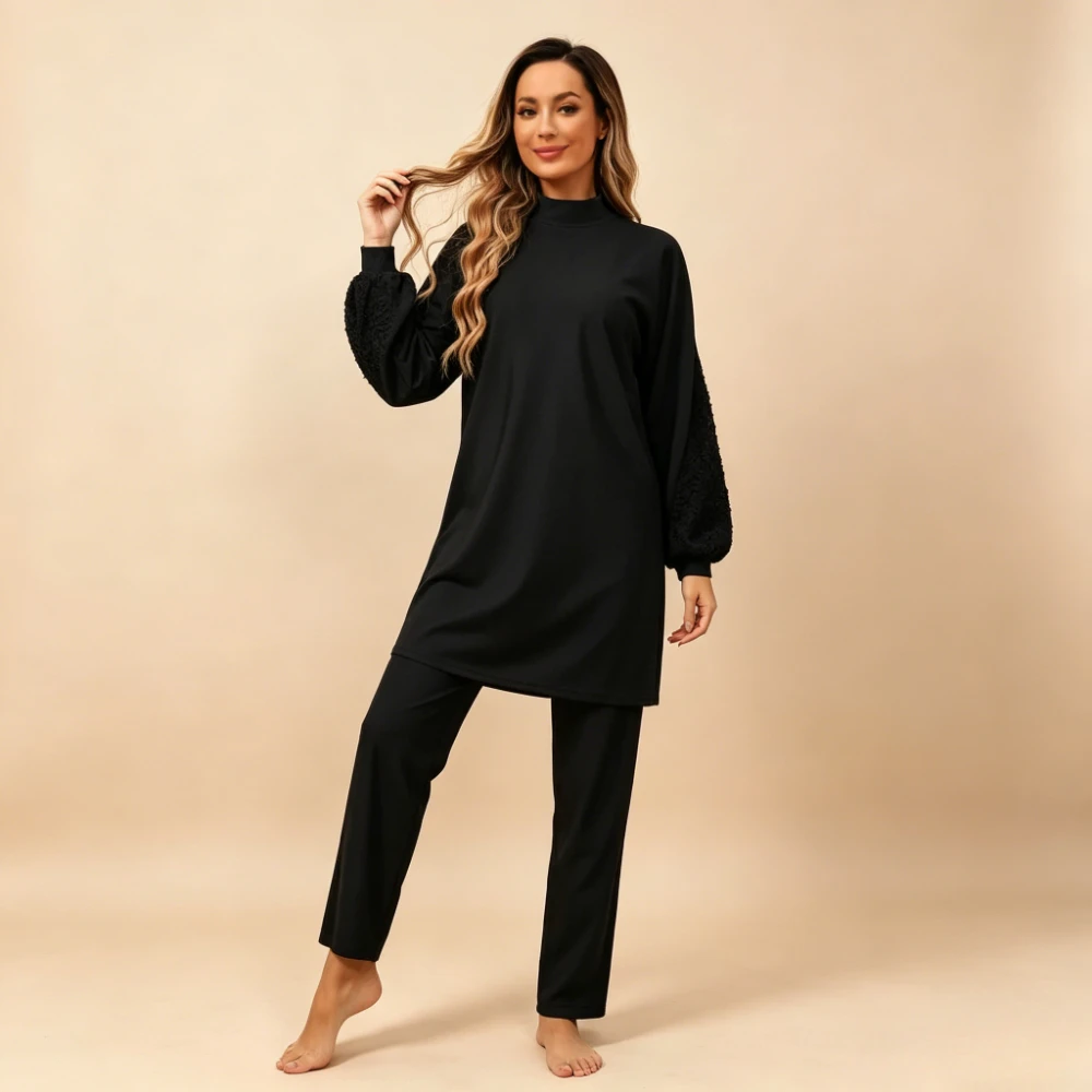 3-Piece Black Lace Puff Sleeve Muslim Burkini Swimsuit Modest Full Coverage Islamic Swimwear with Hijab Bathing Suit Beachwear