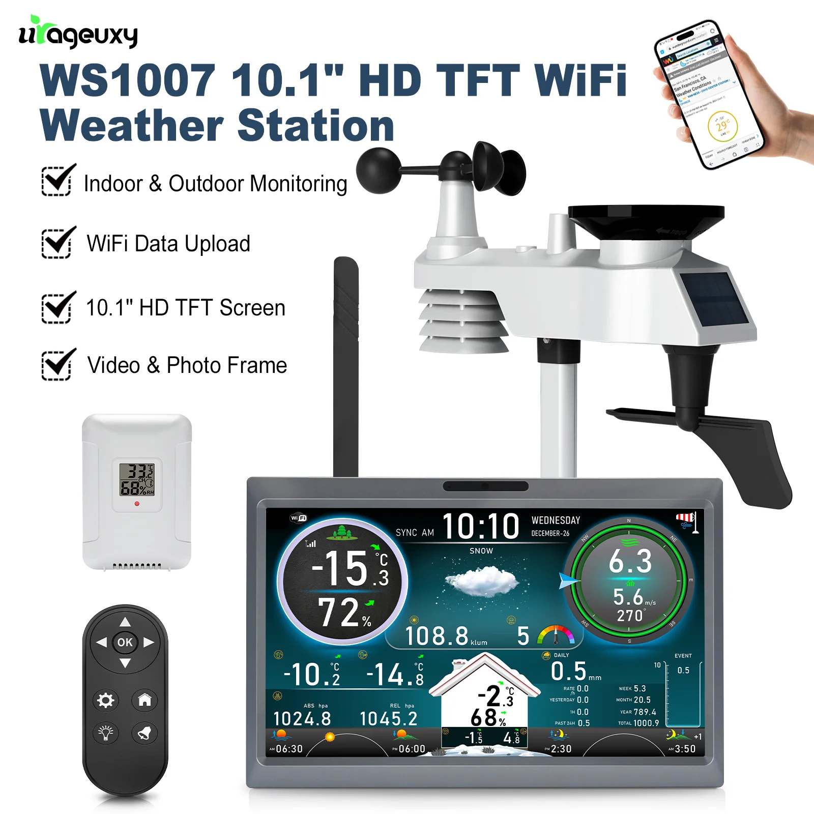Rain Gauge Digital - Stacja pogodowa bezprzewodowa WiFi 15-w-1 z