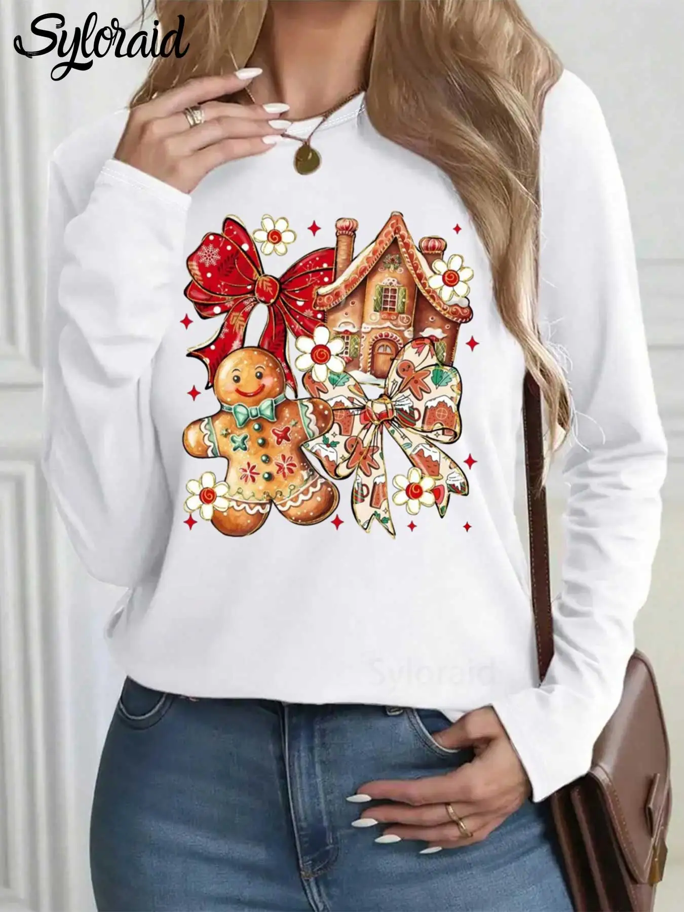 

Women's Long Sleeve T Shirt Merry Christmas Bow Gin-ger-bread Print T Shirt Fashion Round Neck Casual Top
