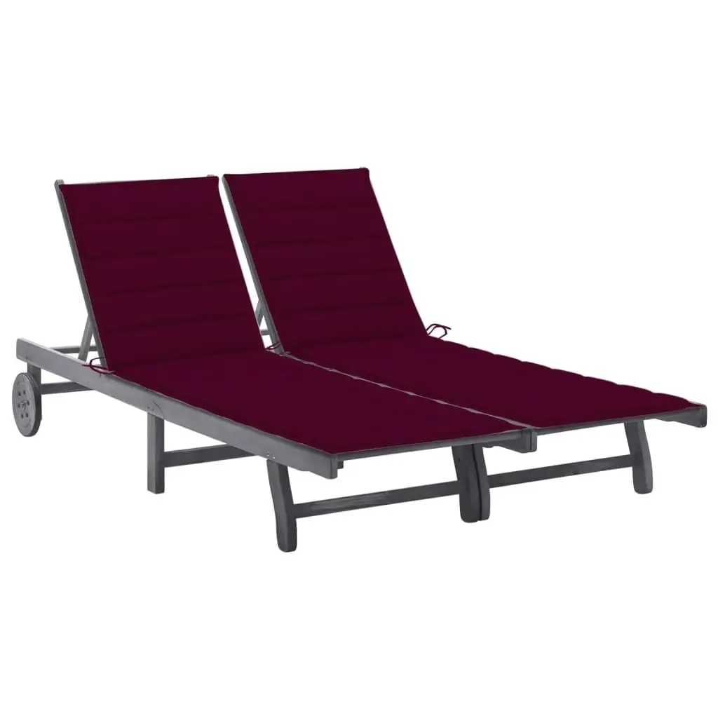

Double Adjustable Sunlounger Grey Acacia Wood with Armrests Outdoor Poolside Relaxation Furniture
