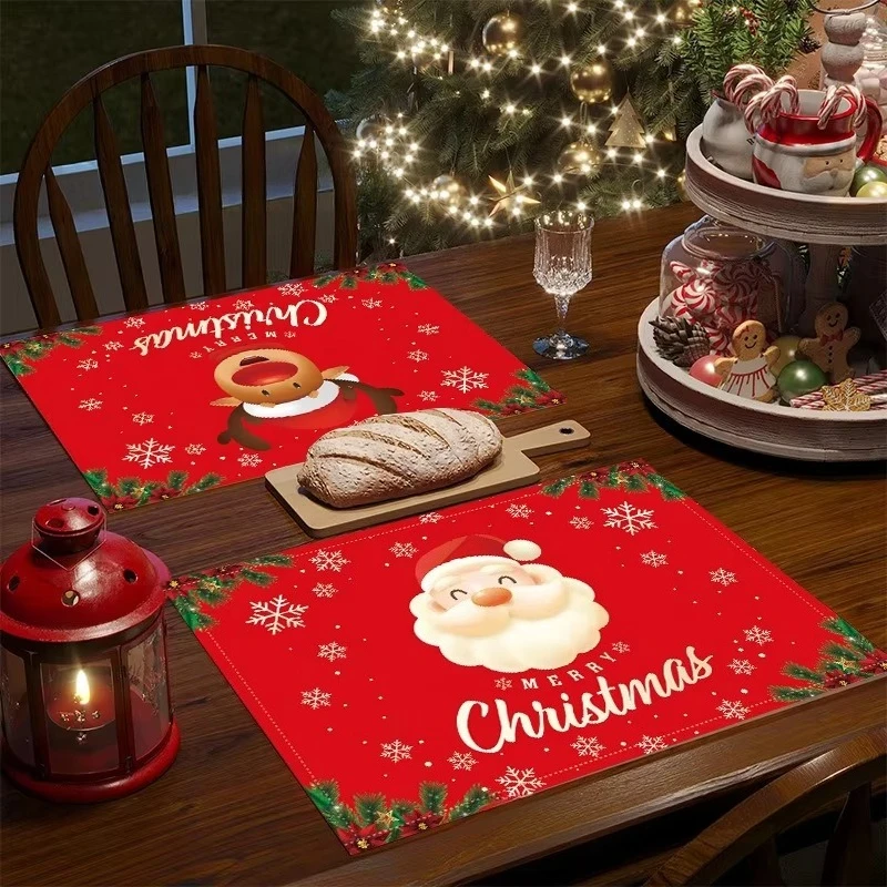 New Christmas Placemats Set Santa Linen Stain Heat Resistant Table Mats Holiday Dining Decor