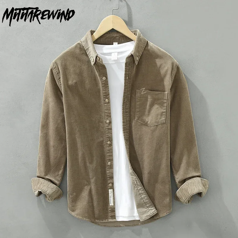 

Fall Winter Mens Long Sleeve Shirt Japanese Retro Casual Shirts Solid Stand Collar Corduroy Shirt Daily Men Clothing Simple Tops