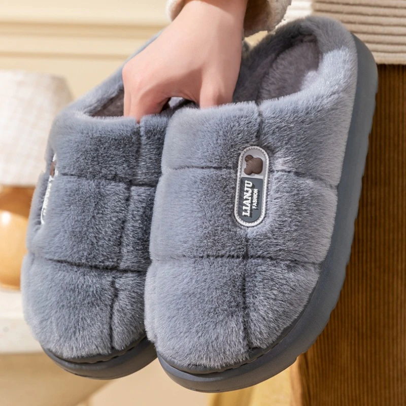 Men Women Winter Warm Cotton Slippers Plush Fleece Lined Non slip Thick Sole Indoor Outdoor House Cloud Shoes Big Size 47-51