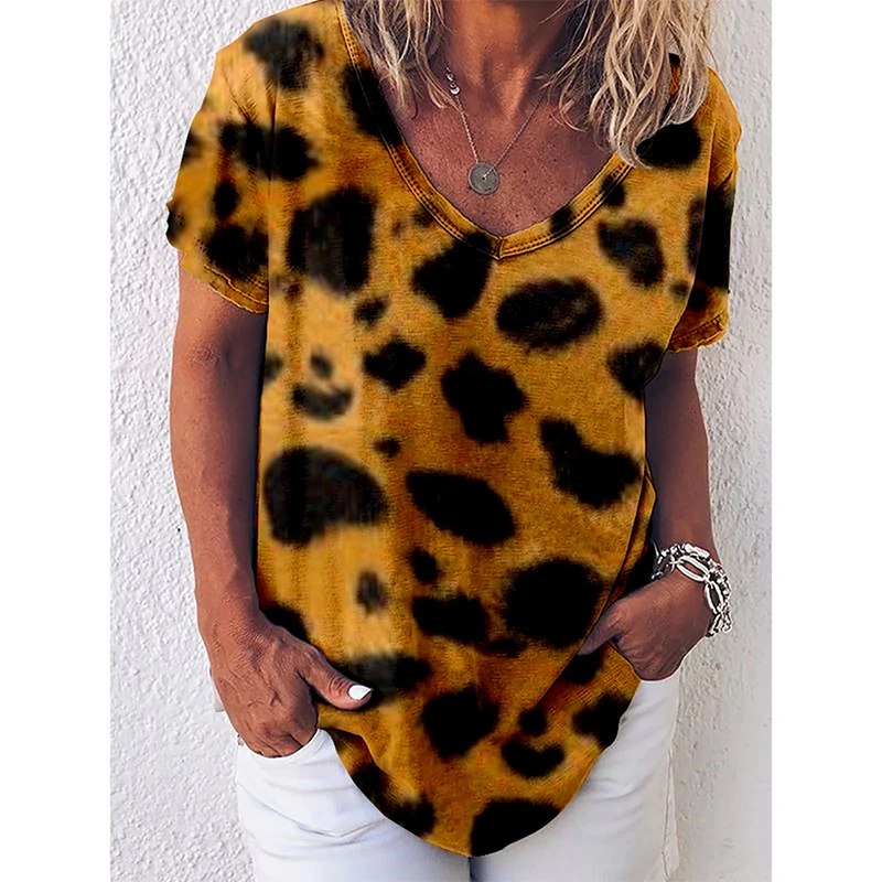 Fashion Leopard 3D Print T-shirt Women Vintage Y2k Tops Streetwear Harajuku T Shirts V-Neck Tees Female Girls Oversized Clothing