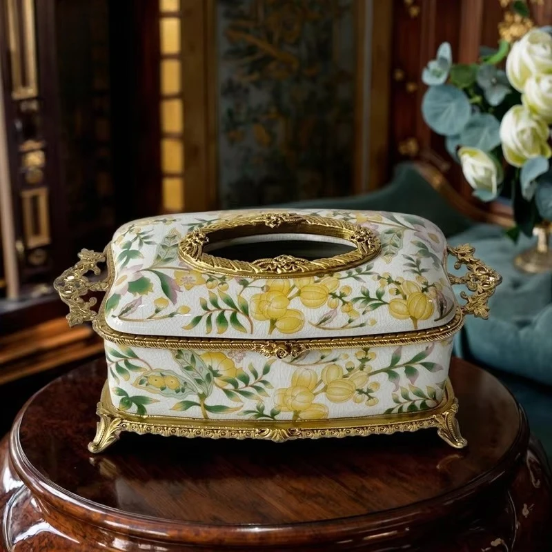 Antique Luxury Yellow Floral Pattern Porcelain Napkin Holder Gold Brass Metal Decorative Tissue Box Living Room Home Decor