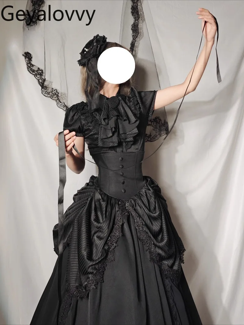 

Japanese Lolita Gothic Style Puff Short Sleeve OP Cosplay Comic Exhibition Halloween Top and High Waist Long Skirt Black Set