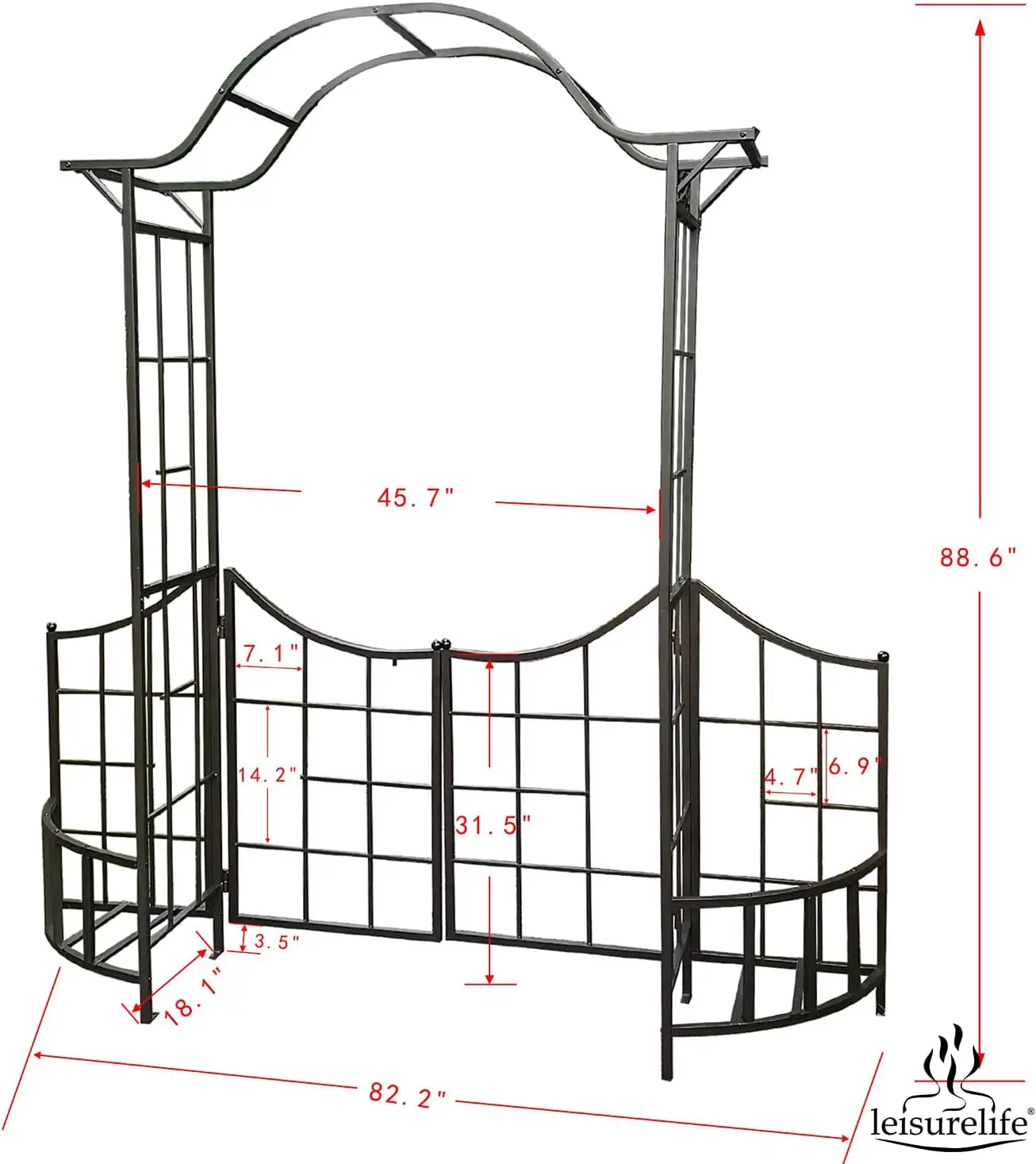 Decorative Steel Garden Arch Arbor Trellis With Gate, Fence And Planter Holders For Climbing Plants, 7.5 Ft Height, Brownish