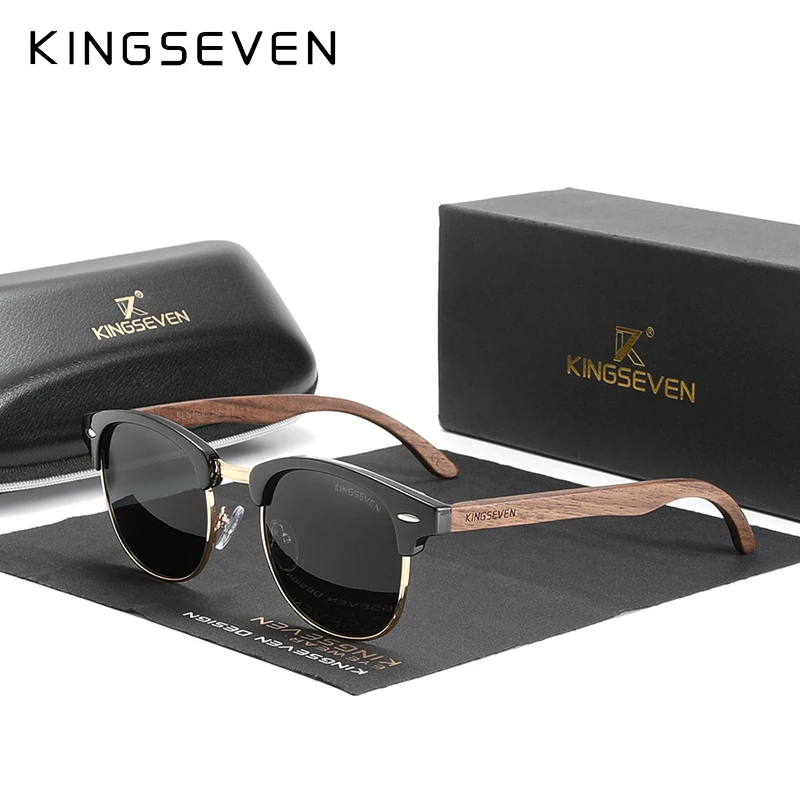 Kingseven Handgemaakte Zwarte Walnoot Houten Zonnebril Mannen Gepolariseerde Uv400 Bescherming Semi-Randloze Retro Brillen Vrouwen Voor Het Rijden