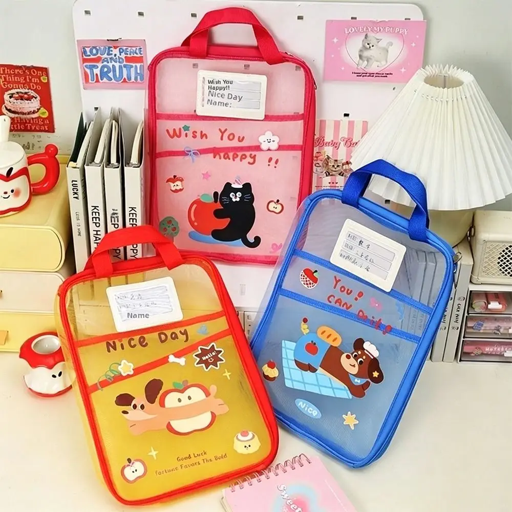 Large Capacity A4 Stationery Storage Bag with Handle Thickened Mesh Zipper Bag Transparent Organizer Folders Student Use