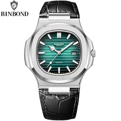 BINBOND New Authentic Youth Men Quartz Watches Fashion Leather Strap Waterproof Luminous Calendar Luxury Business Men Watches