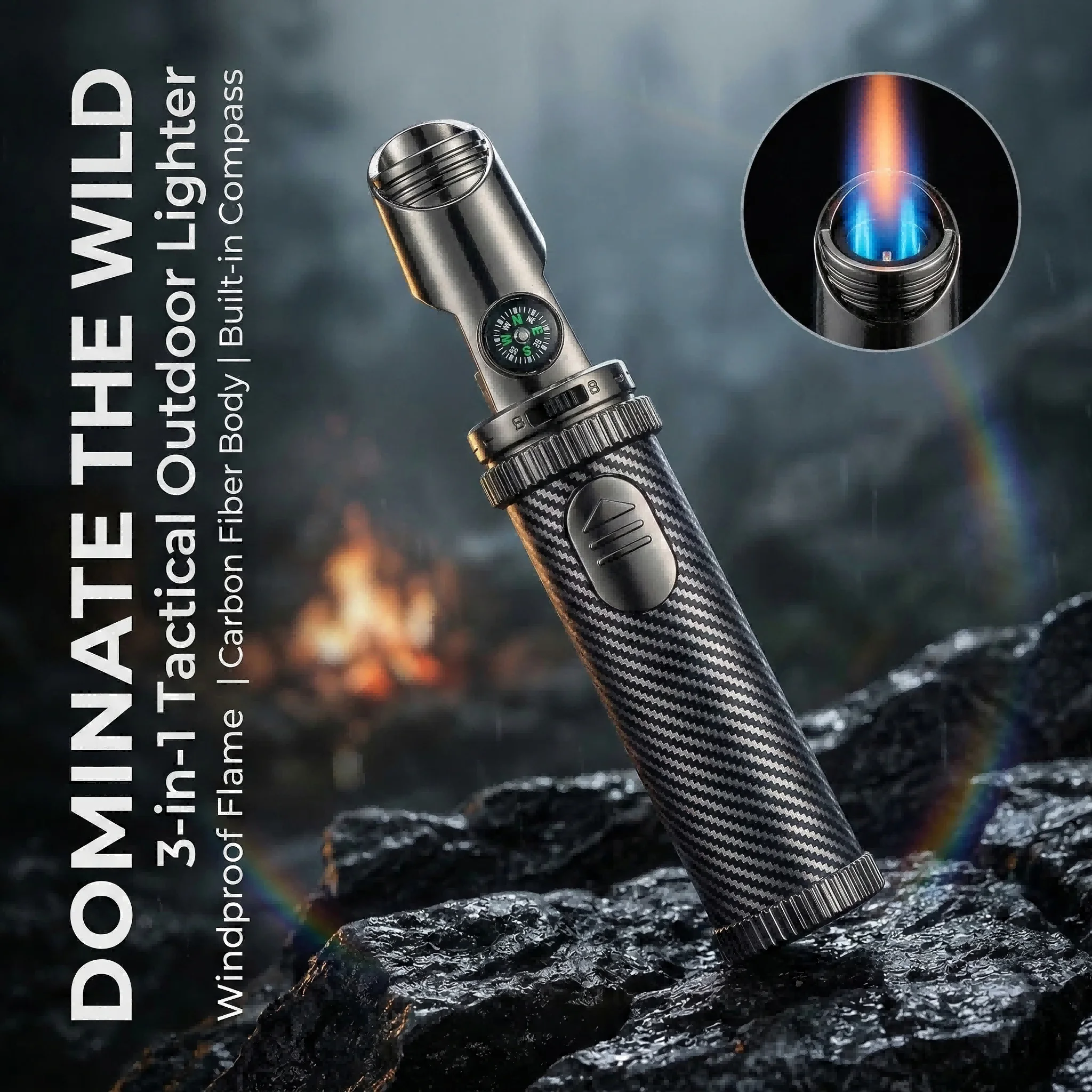 

Multi-Function Carbon Fiber Torch Lighter, High-Power Jet Flame with Compass & Bottle Opener, Refillable Butane Lighter forBBQ