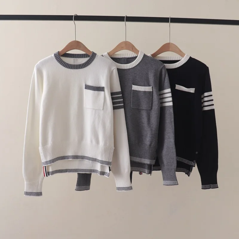 

Autumn and Winter NewtbPreppy Style Chest Pocket Color Matching Long Sleeve Pullover Sweater Striped Four Bars Bottoming Sweater