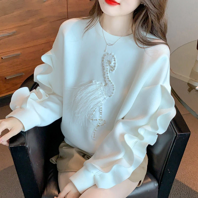 Vintage Chic O-neck Ruffled Beading Sweatshirts Autumn Long Sleeve Loose Tops Women E-Girl Mid-length Sweatshirt Mujer