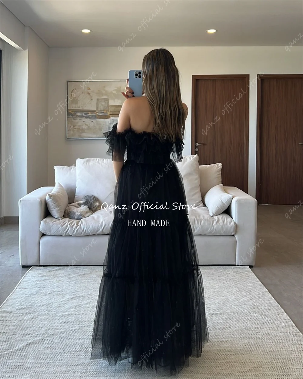 Qanz-vestidos de noche elegantes de tul, vestidos largos negros con hombros descubiertos para ocasiones formales, vestido de fiesta sin espalda personalizado