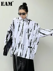 [EAM] Women White Pattern Printed Big Size Casual Blouse New Lapel Long Sleeve Shirt Fashion Tide Spring Autumn 2024  1DH6921