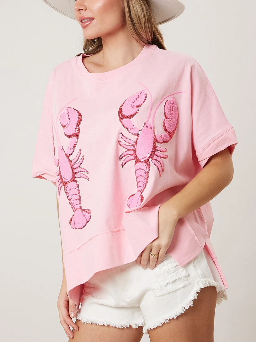 Women Sequin Crawfish Top Short Sleeve Sparkly Oversized Shirt High Low Hem Tshirts Summer Glitter Lobster Funny Tee Clubwear