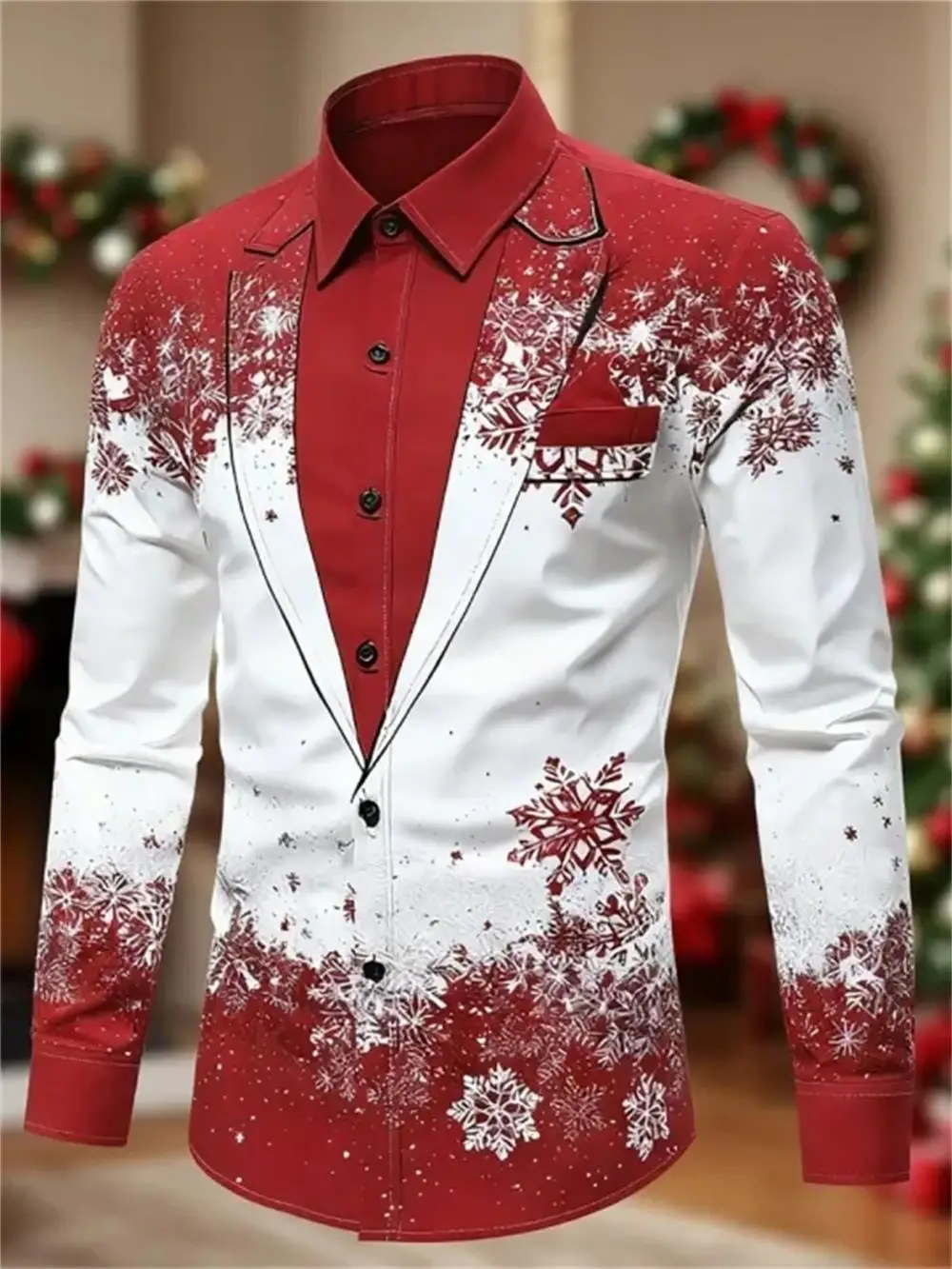 

Men's Christmas themed long sleeved shirt, men's satin comfortable clothing, suitable for outdoor holidays, collar, buttons, men