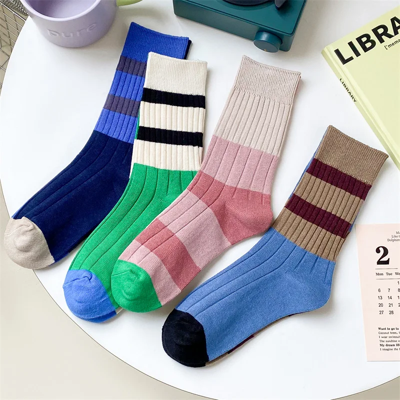 Retro Women's Socks Korean Style New Novelty Cotton Casual Mixed-Color Japanese Fashion AB Socks Comfort Striped Socks For Girls