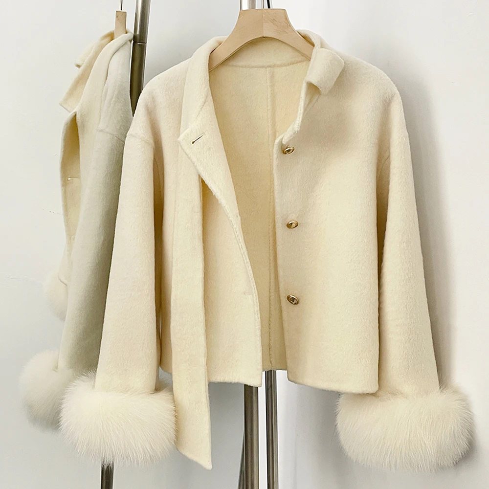 OFTBUY Winter Neuer Stil Schleifenärmel mit Echtfuchs-Pelzmanschetten Wollmantel Doppelseitiger Wollstoff Überziehmantel Jacke für Damen – Detail 8