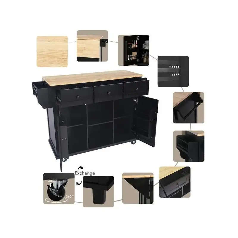 عربة مطبخ بأوراق شجر مع سطح من الخشب المطاطي، ورفوف تخزين داخلية، و5 عجلات، وخزانة تخزين و3 أدراج لغرفة الطعام، #5