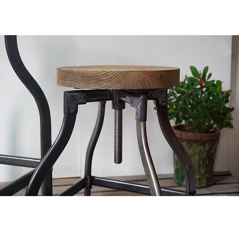 Tabouret de bar industriel vintage avec pieds en fer, haut rond en orme, optique, réglable, recommandé