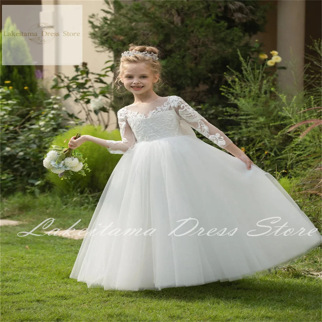 Wedding Applique Tulle Puffy Champagne Lace Flower Girl Dress for Long Sleeves A-Line With Bow Princess Birthday Party Ball Gown