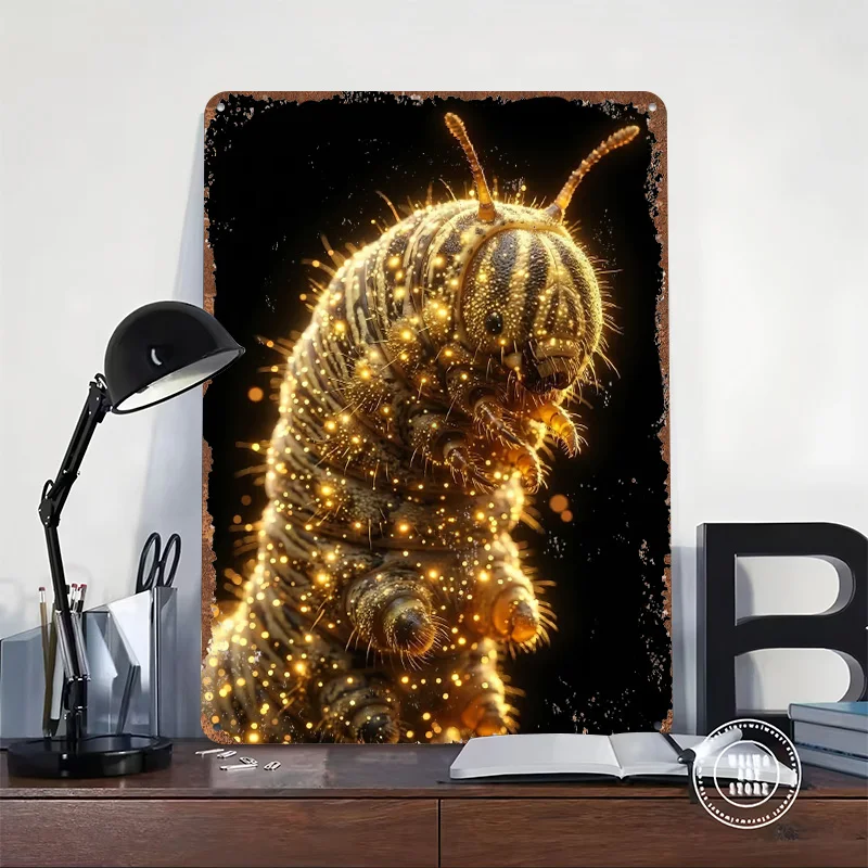 Glowing Caterpillar on Black Background Poster Retro 3D Printed Metal Signs Customized Wall Hanging Gift for Room Decorations
