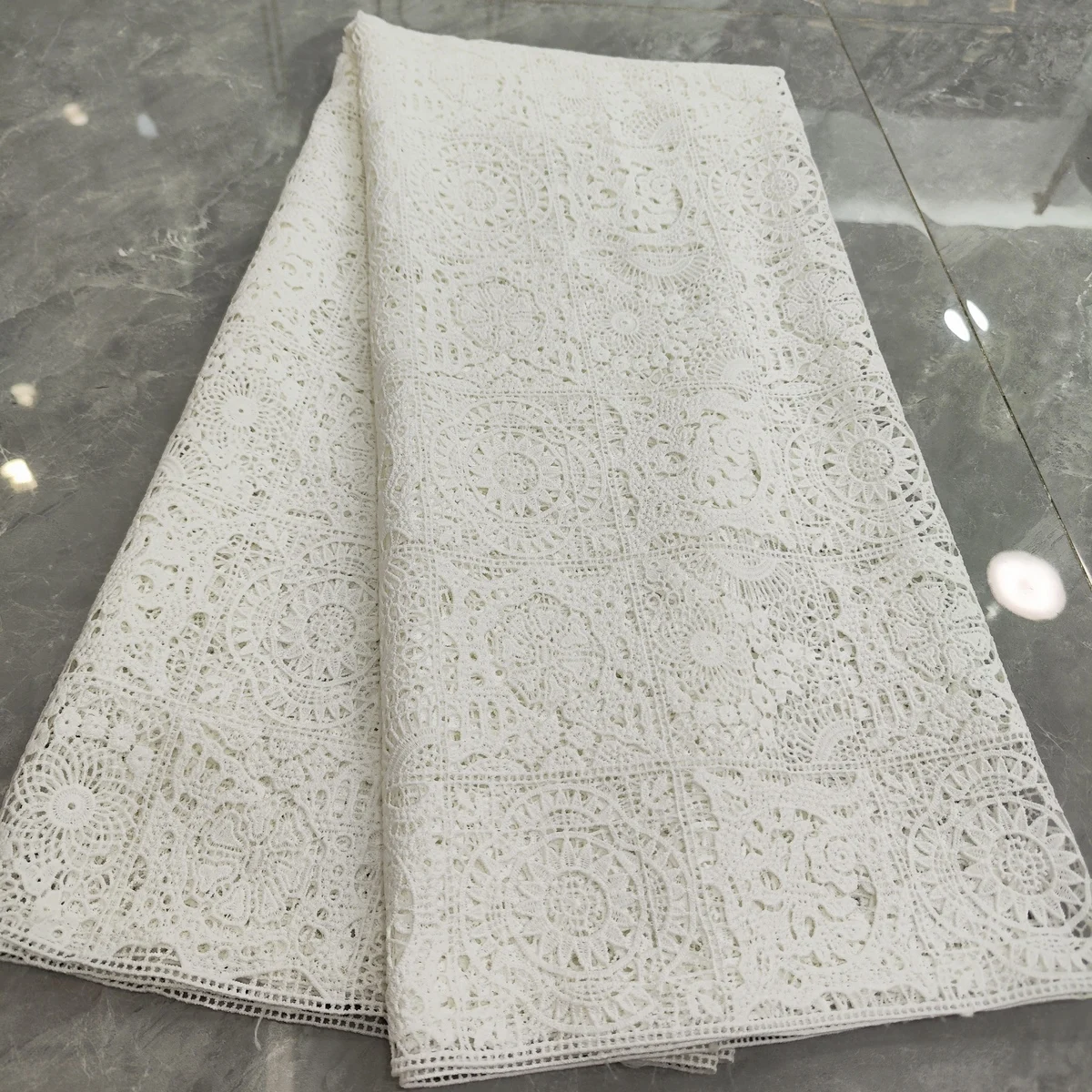 

2024 High Quality Milk Silk White African Guipure Cord Lace Fabric Nigerian Water Soluble Lace Fabric For Party Dress KJFT2408