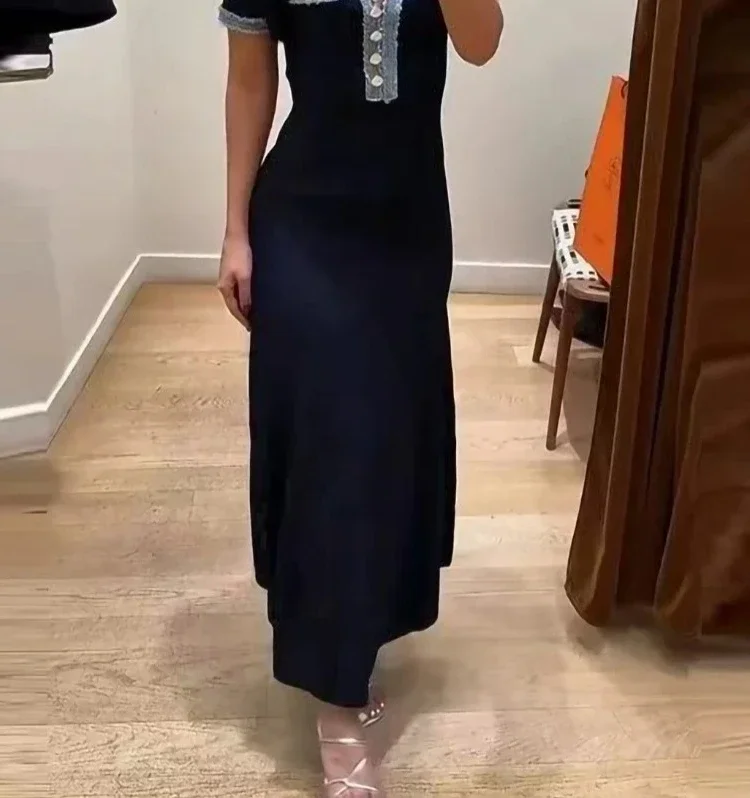 

2025 women metal button knitted dress round neck short sleeve slim fit office ladies elegant midi robe