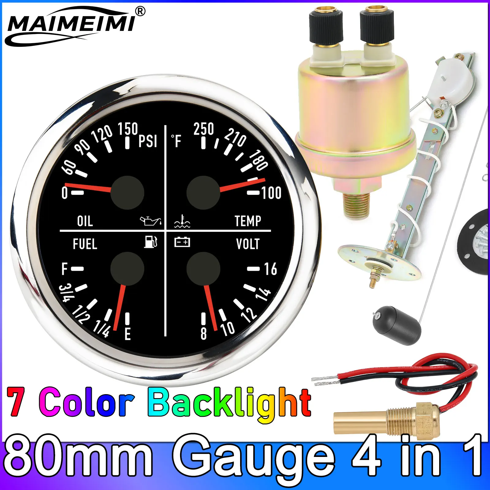 

Датчик уровня топлива 80 мм, 7 цветов подсветки, 4-в-1: давление масла + температура воды + вольтметр 12В, 150 PSI, 0-190 Ом, измеритель уровня топлива